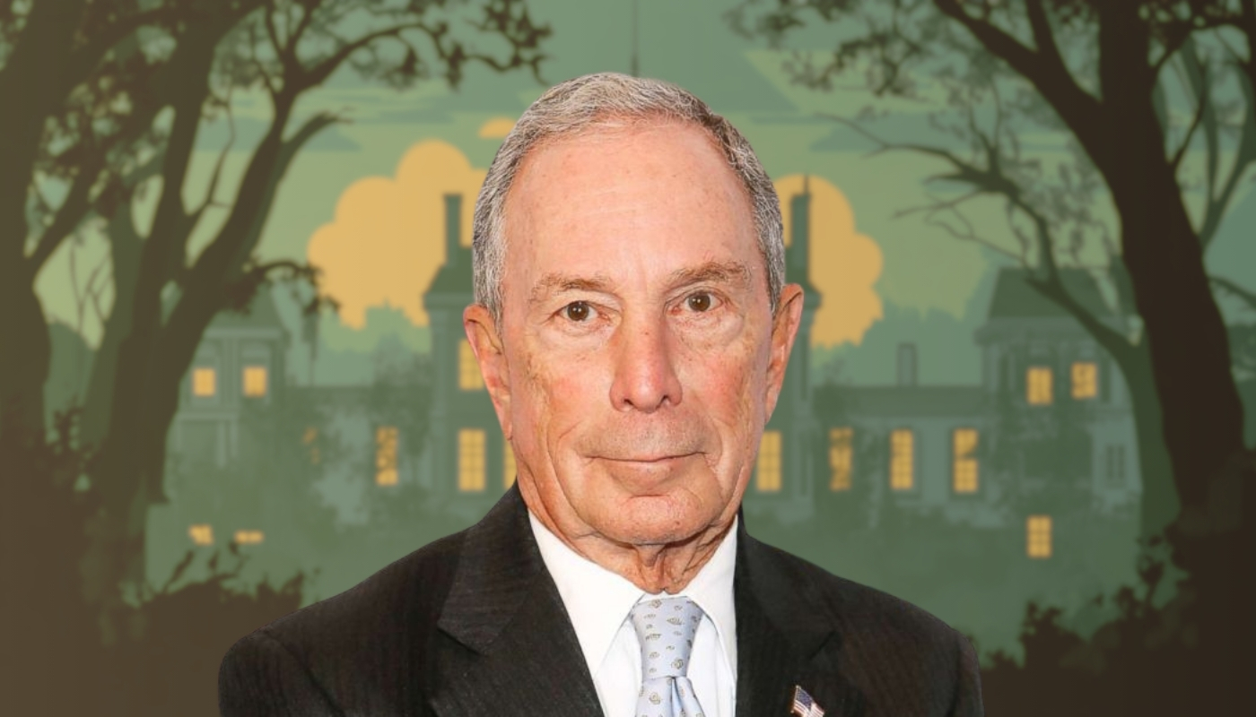 Portrait of Michael Bloomberg with a stylized cityscape in the background