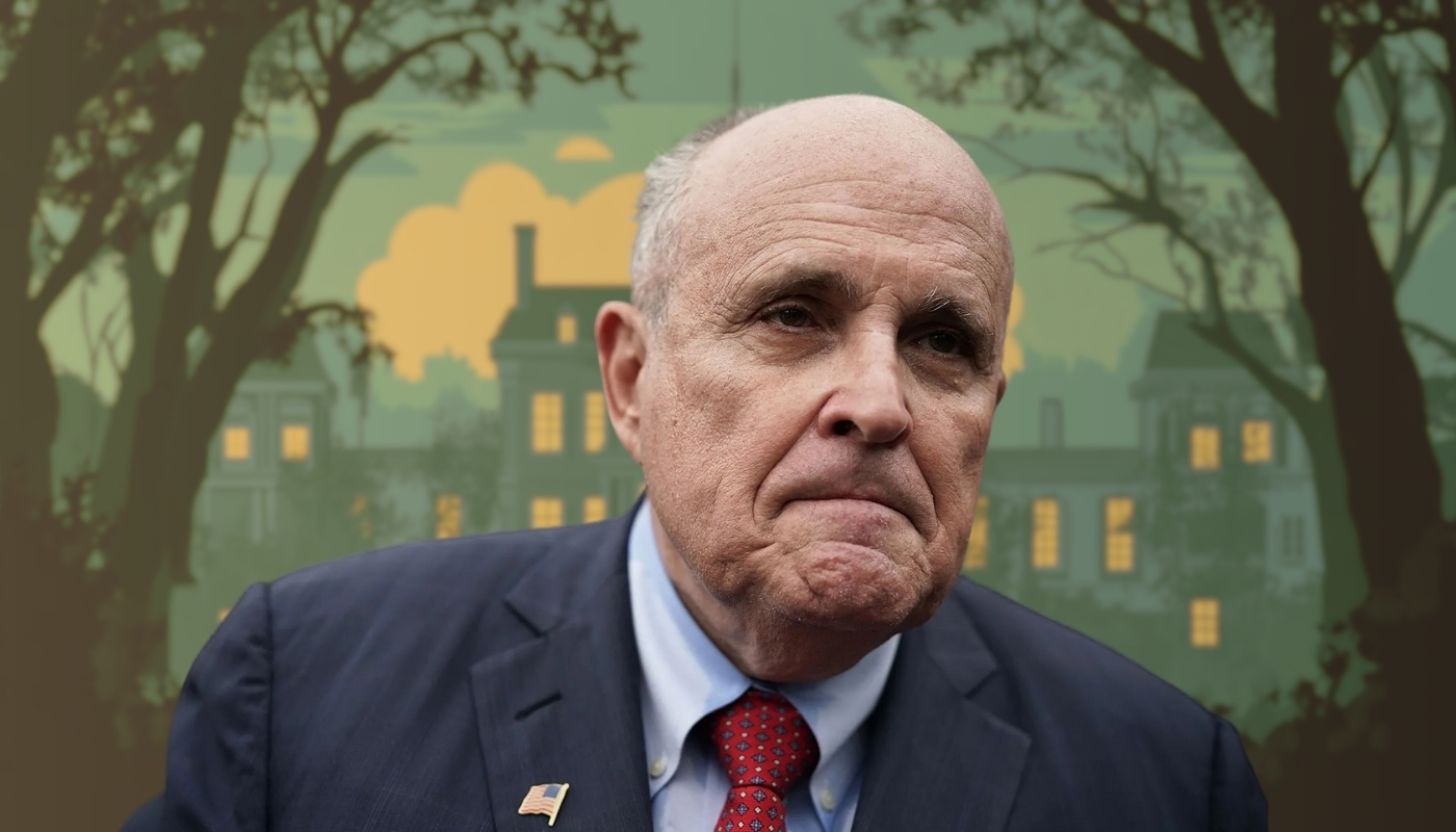 Portrait of Rudy Giuliani against a stylized cityscape background