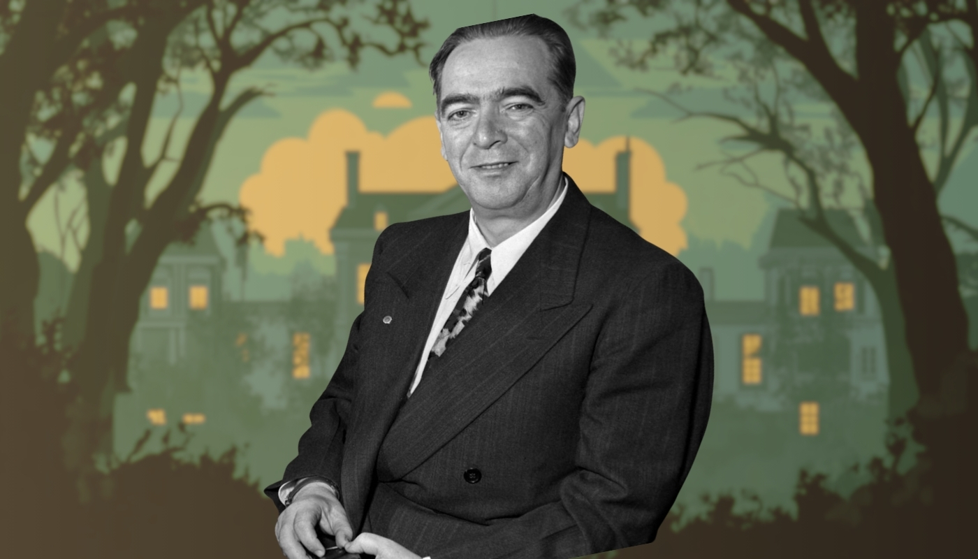 Portrait of William O'Dwyer, NYC mayor in the late 1940s, set against a classic backdrop